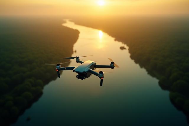 Aerial Drone Filming von Nibel River: Eine Drohne mit Kamera fliegt majestätisch über eine malerische Flusslandschaft, aufgenommen zur Goldenen Stunde.