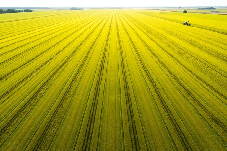 Drohne: Luftaufnahme eines weiten Feldes mit geometrischen Mustern