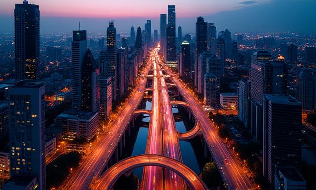 Drohnenansicht einer modernen Stadt bei Sonnenuntergang, mit Lichtern und fließendem Verkehr auf Brücken.