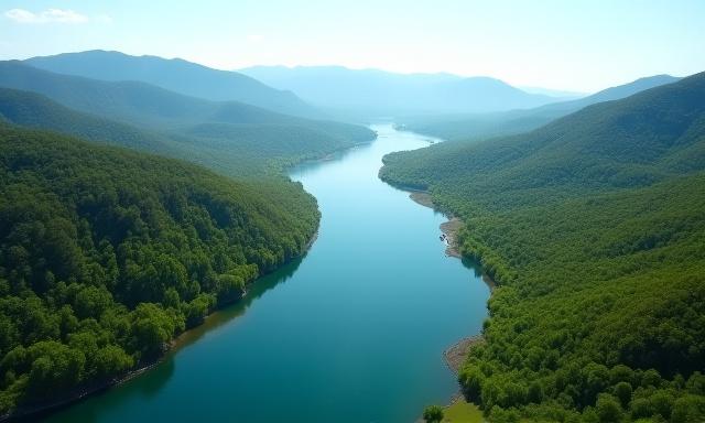 Luftaufnahme eines ruhigen Flusses, der durch eine grüne Landschaft fließt, mit Bergen im Hintergrund.
