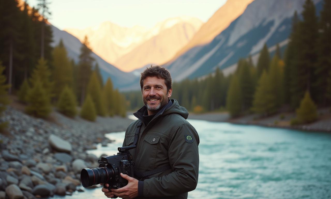 Nibel River Teammitglied mit Kamera in alpiner Gebirgslandschaft vor einem Fluss